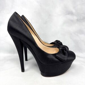 CASADEI Silk Satin Knot Bow Chunky Platform Stiletto Pumps High Heels Black 7.5